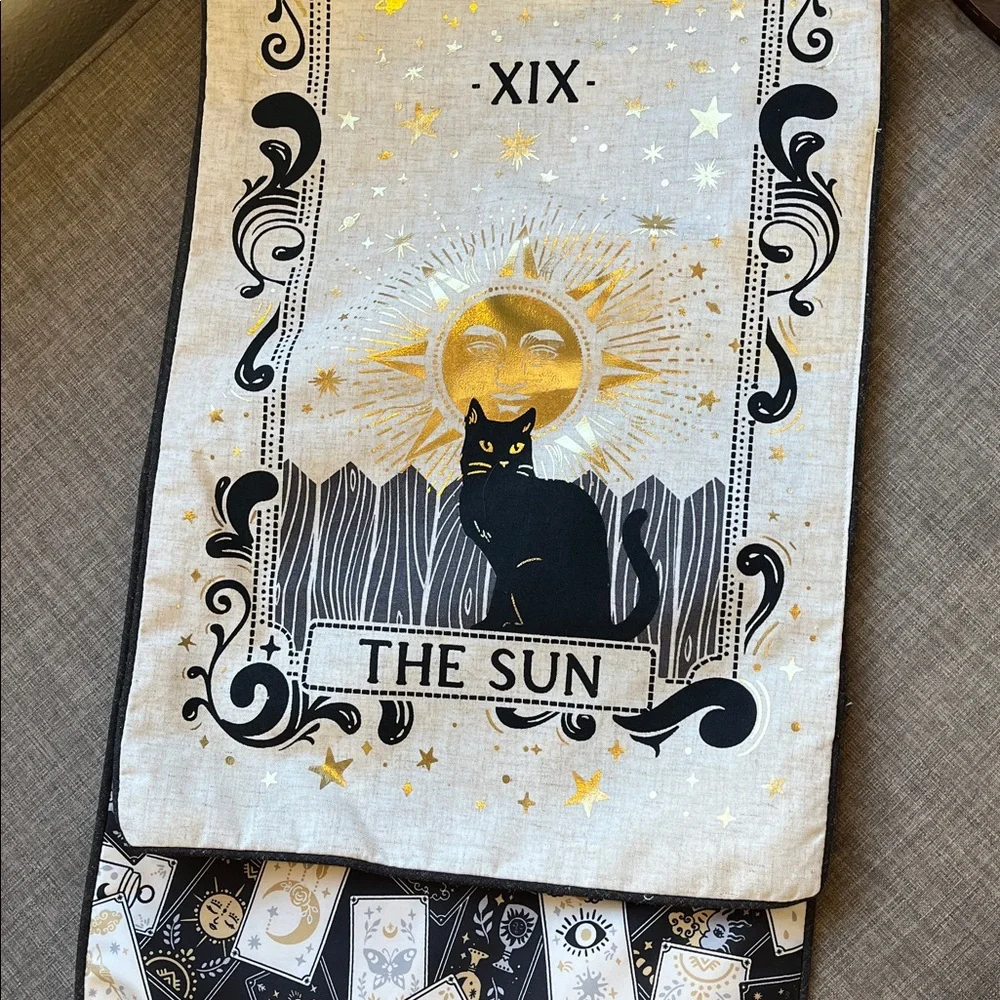 Celestial Table Runner Moon Sun Black Cat Neutral Tarot Magic